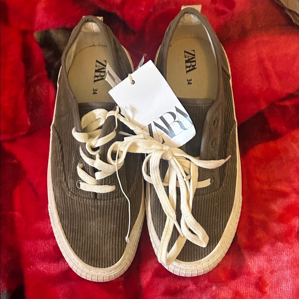Zara Olive Corduroy Sneakers with Cream Laces